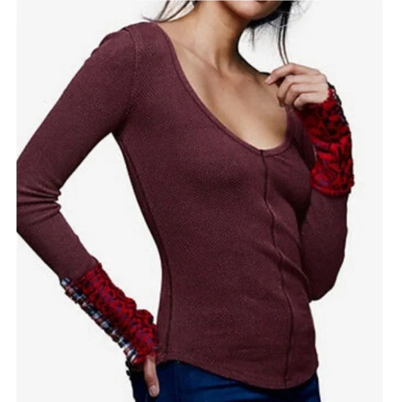 Free People Art School Embroidered S V-Neck Thermal Waffle Knit Long Sleeve Top - Picture 9 of 9